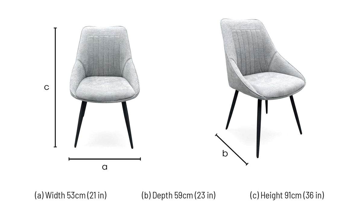 Crete silver fabric swivel dining chair dimensions: width 53cm, depth 59cm, height 91cm