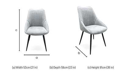 Crete silver fabric swivel dining chair dimensions: width 53cm, depth 59cm, height 91cm