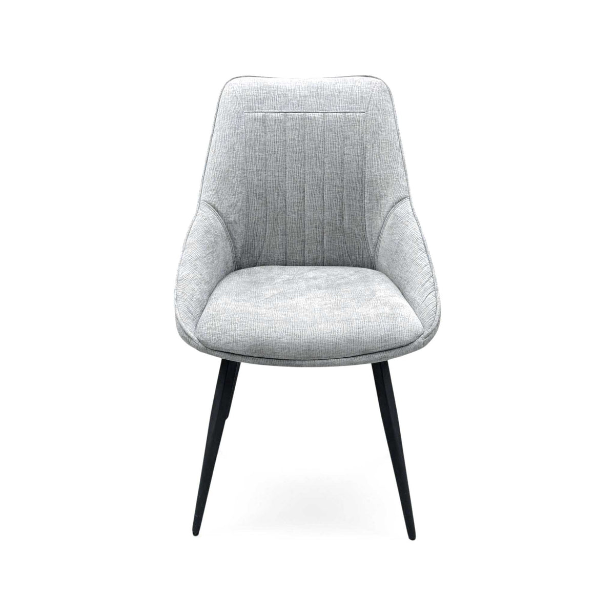 Front view of the Crete silver fabric swivel dining chair with a curved scoop seat