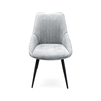 Front view of the Crete silver fabric swivel dining chair with a curved scoop seat