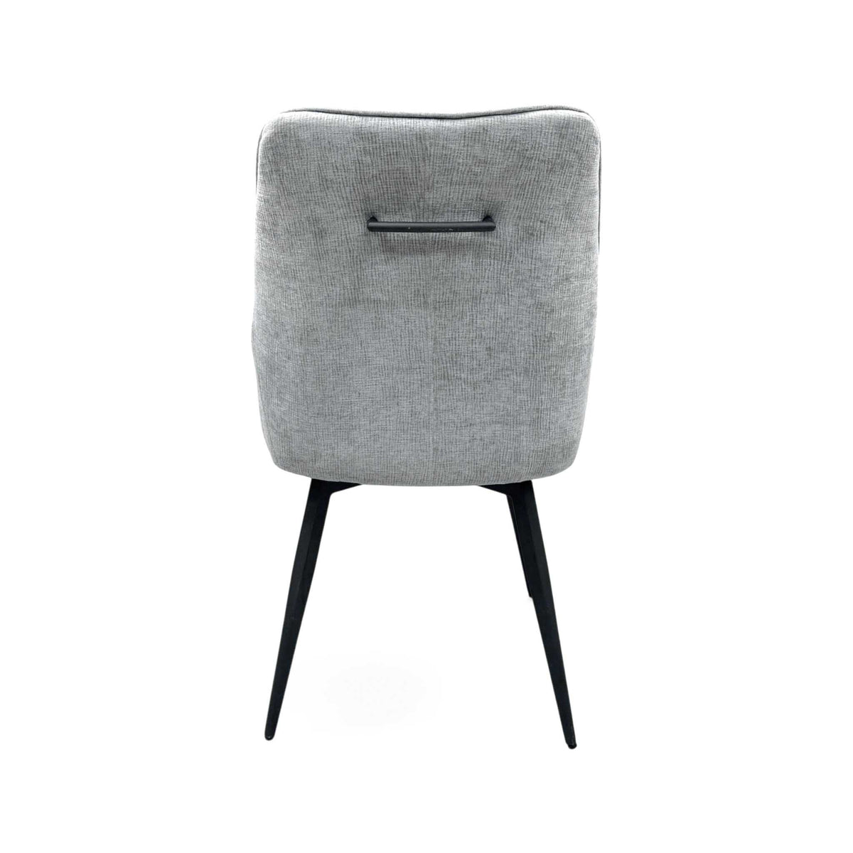 Back view of the Crete silver fabric swivel dining chair showing the black grab handle