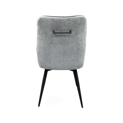 Back view of the Crete silver fabric swivel dining chair showing the black grab handle