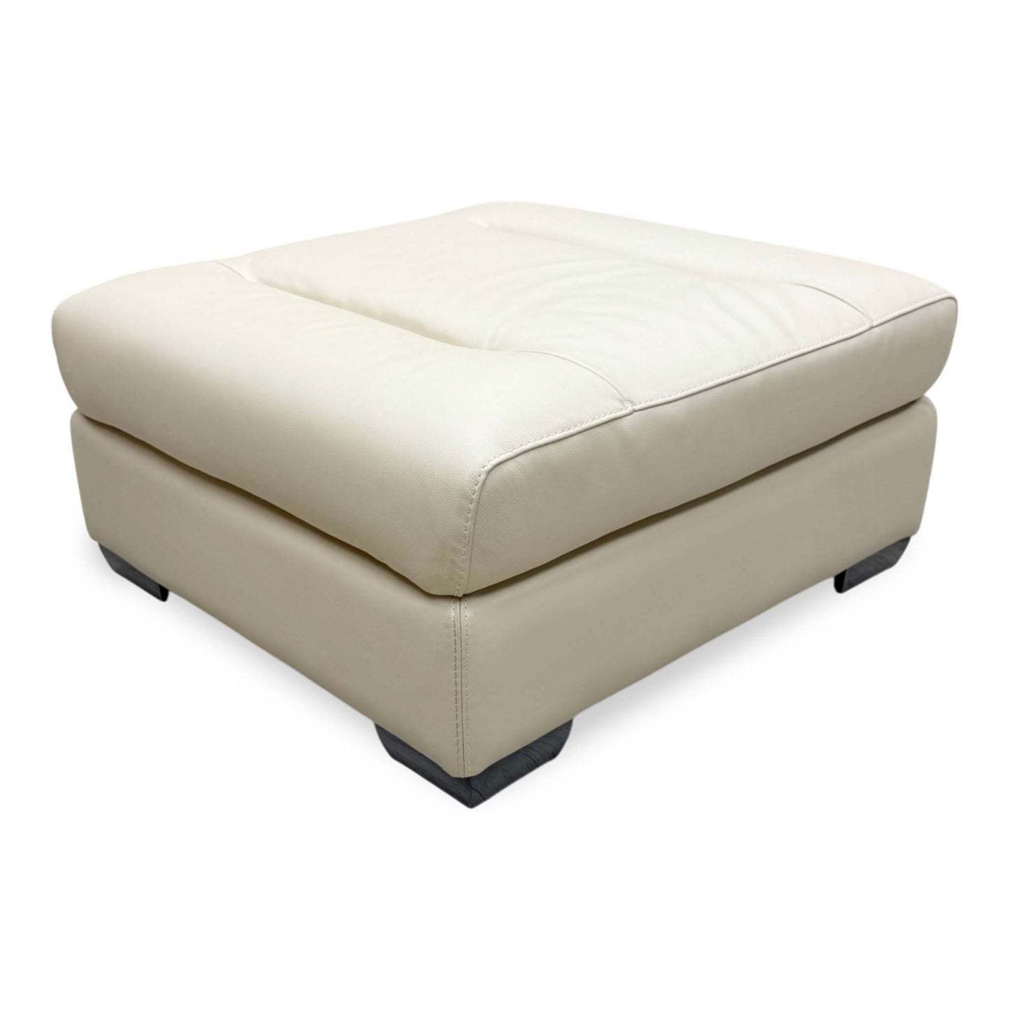 Full View ‘Action’ contemporary large square footstool, beautifully upholstered in a sophisticated Taupe leather with a clean, modern aesthetic.
