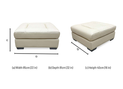 Technical dimensions blueprint and living room layout planning schematic for the ‘Action’ Taupe Leather Large Square Footstool.