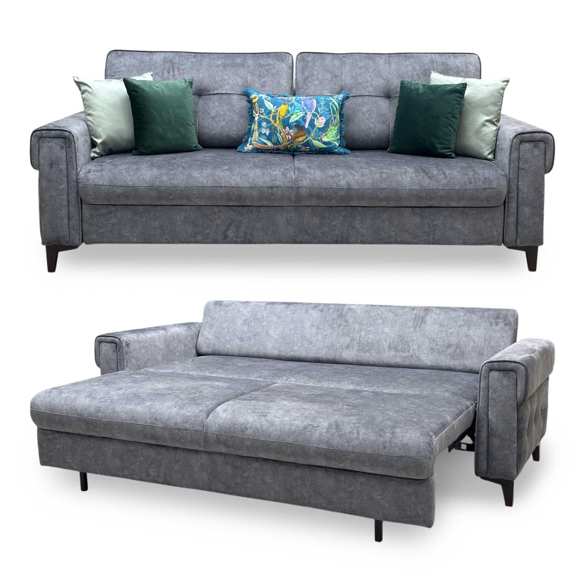 Full view of the Zoom 3-seater sofa bed in Marble Dark Grey fabric, showcasing its clean modern profile, track armrests, and tightly tailored seat cushions.
