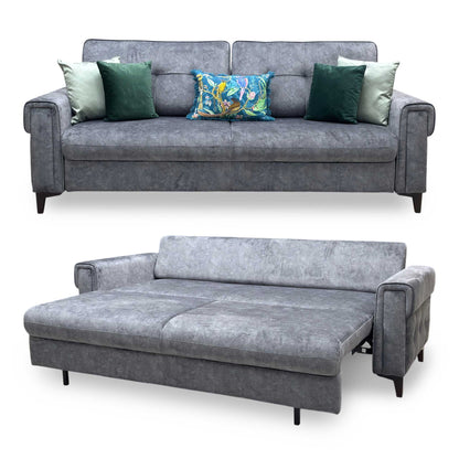Full view of the Zoom 3-seater sofa bed in Marble Dark Grey fabric, showcasing its clean modern profile, track armrests, and tightly tailored seat cushions.