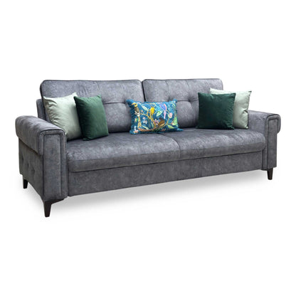 Side view of the Zoom fabric sofa bed frame, illustrating the armrest width, upright backrest support angle, and structural depth clearance in sofa mode.