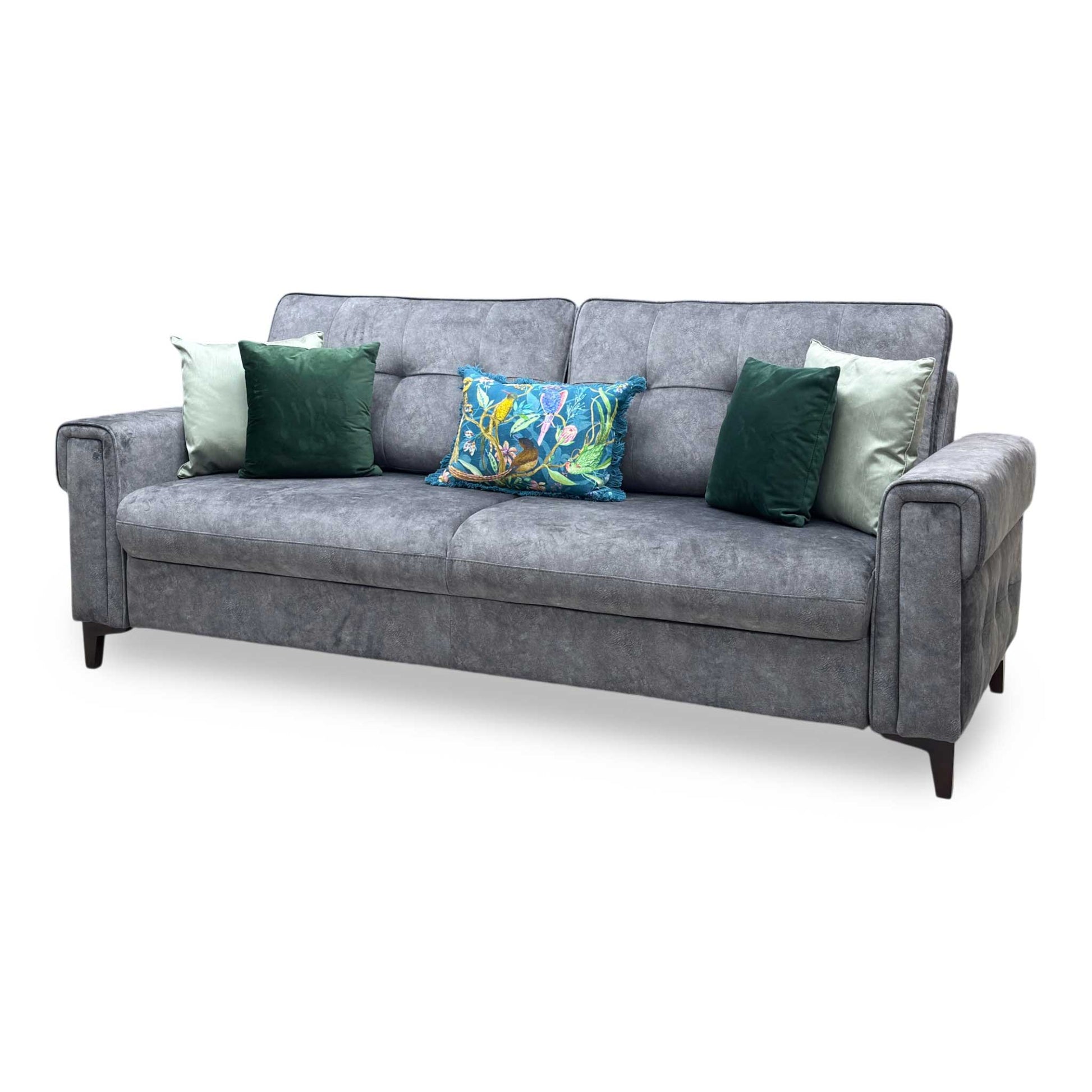 Side view of the Zoom fabric sofa bed frame, illustrating the armrest width, upright backrest support angle, and structural depth clearance in sofa mode.