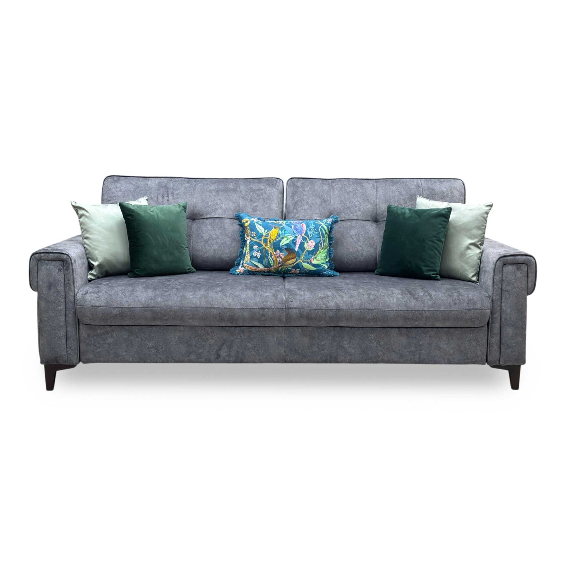 Front view of the Zoom 3-seater sofa bed in Marble Dark Grey fabric, showcasing its clean modern profile, track armrests, and tightly tailored seat cushions.