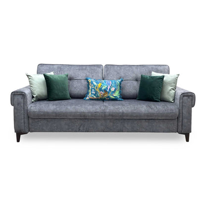 Front view of the Zoom 3-seater sofa bed in Marble Dark Grey fabric, showcasing its clean modern profile, track armrests, and tightly tailored seat cushions.