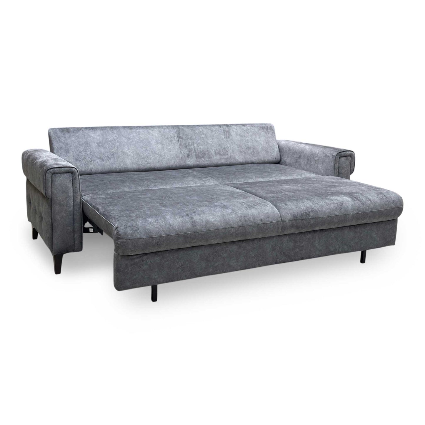 Side view of the Zoom fabric sofa bed frame, illustrating the armrest width, upright backrest support angle, and structural depth clearance in sofa mode.