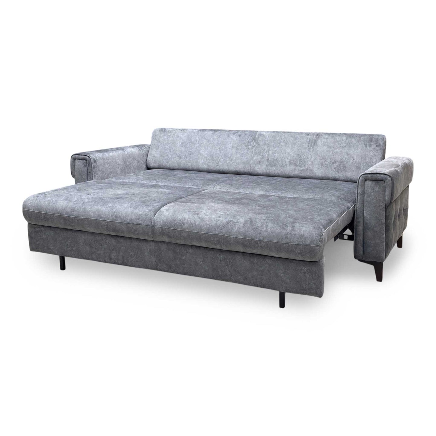 Side view of the Zoom fabric sofa bed frame, illustrating the armrest width, upright backrest support angle, and structural depth clearance in sofa mode.