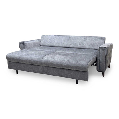 Side view of the Zoom fabric sofa bed frame, illustrating the armrest width, upright backrest support angle, and structural depth clearance in sofa mode.