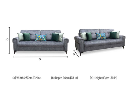 Technical dimension graphic for the Zoom 3-seater fabric sofa bed, indicating precise overall width, seating depth, total height, and fully extended sleeping length dimensions.