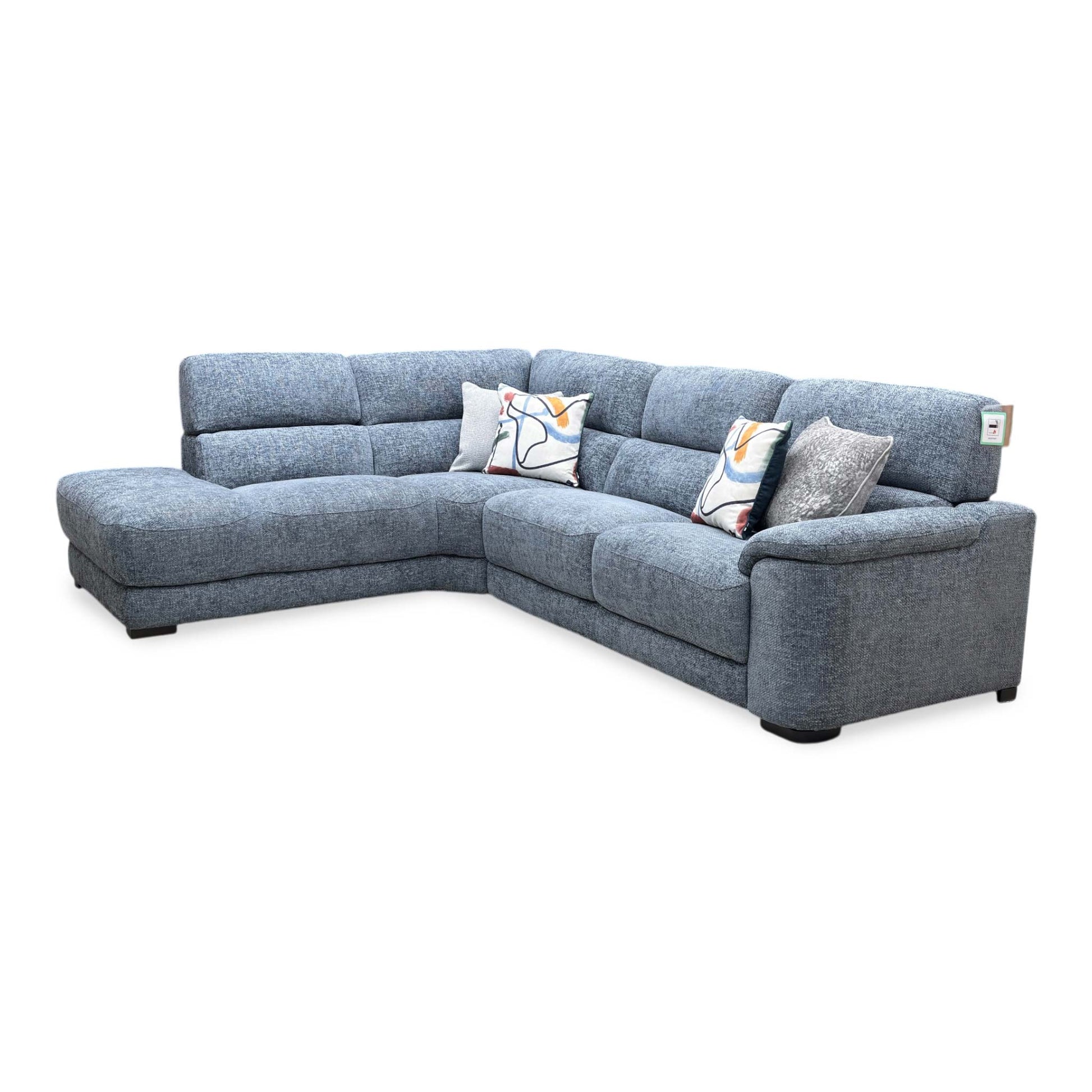 Side view of the Nova silverish blue corner sofa frame, showing the clean armrest lines, structural depth, and solid foundational build.