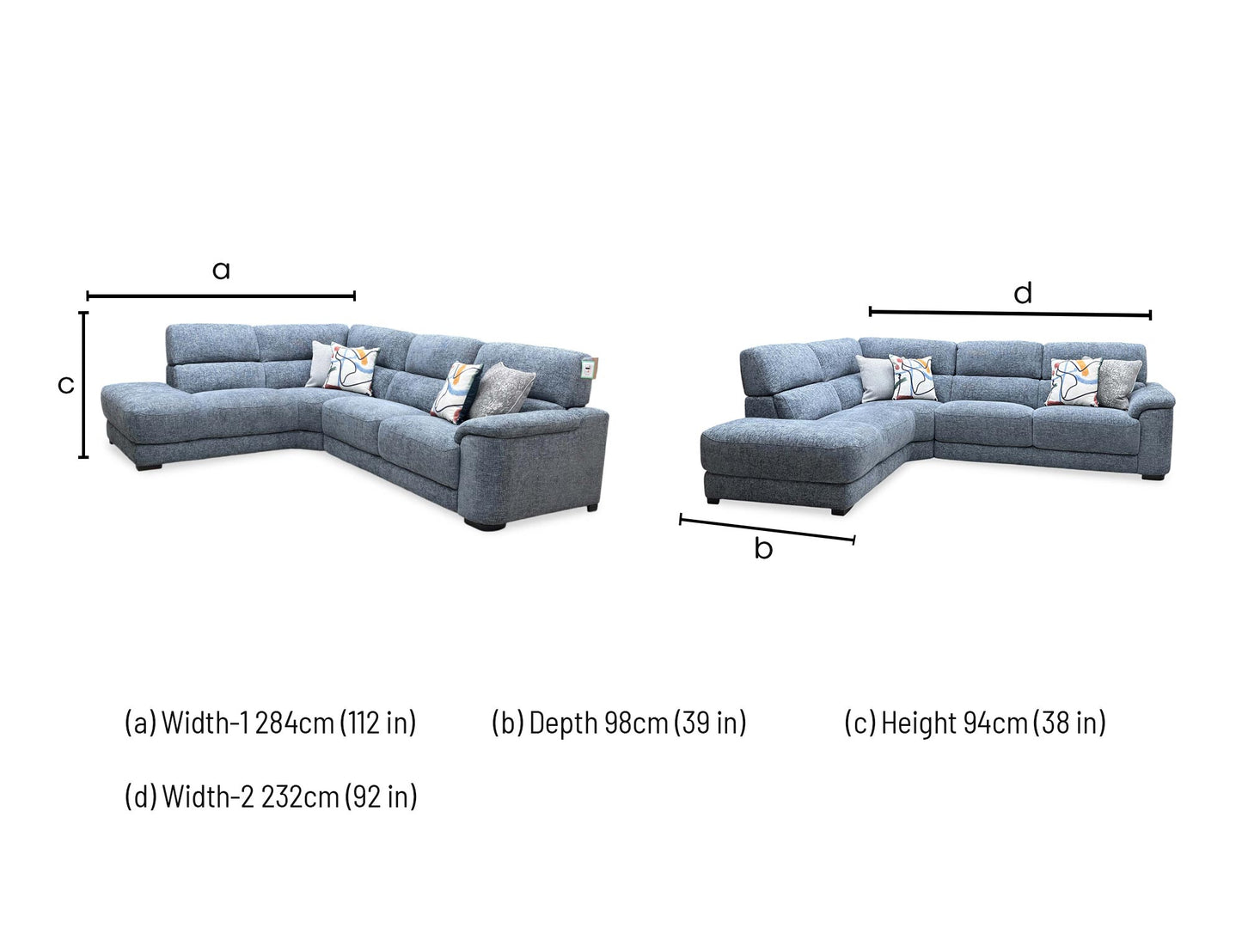 Technical dimension graphic for the Nova fabric corner chaise end sofa, indicating precise total sectional width, chaise alignment length, frame depth, and backrest height.
