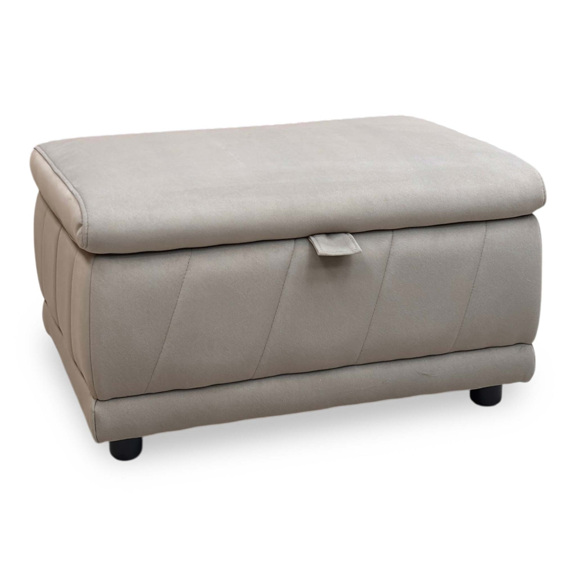 Full View Furniture Village ‘Genius’ contemporary storage footstool ottoman, beautifully tailored in premium Bella latte taupe textured fabric.