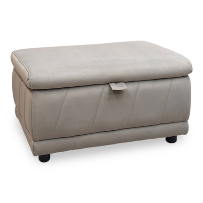 Full View Furniture Village ‘Genius’ contemporary storage footstool ottoman, beautifully tailored in premium Bella latte taupe textured fabric.