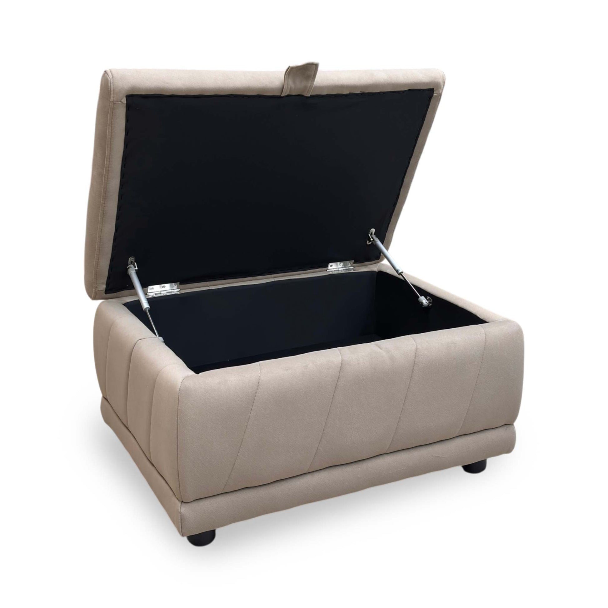 Side profile view demonstrating the footstool's uniform height, clean linear proportions, and tightly upholstered base paneling.