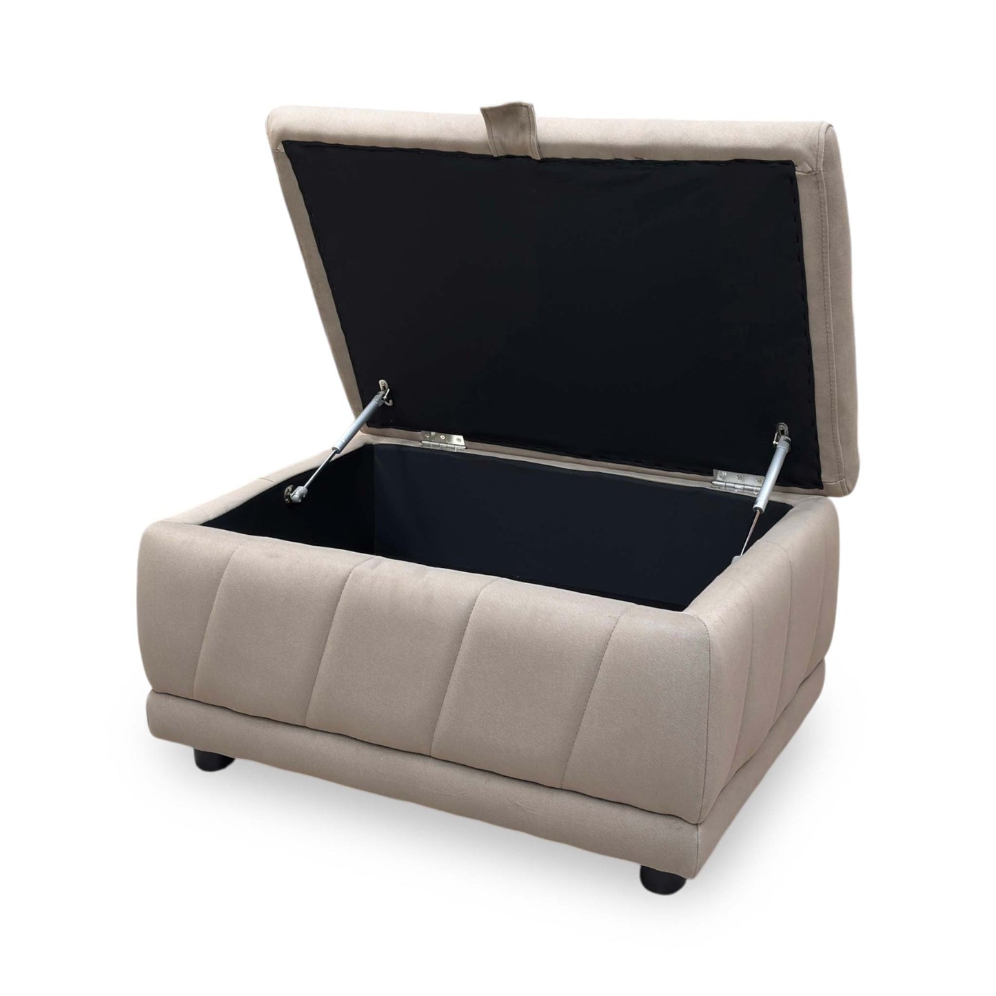 Angle view demonstrating the footstool's uniform height, clean linear proportions, and tightly upholstered base paneling.