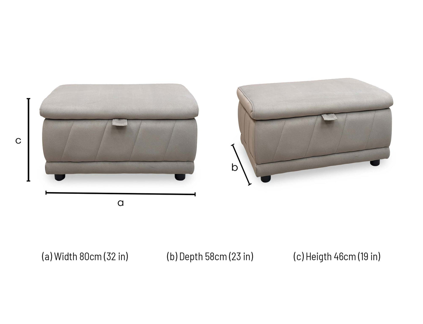 dimension diagram and configuration specifications for the Furniture Village ‘Genius’ Bella Latte Taupe Fabric Storage Footstool.
