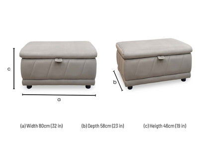 dimension diagram and configuration specifications for the Furniture Village ‘Genius’ Bella Latte Taupe Fabric Storage Footstool.