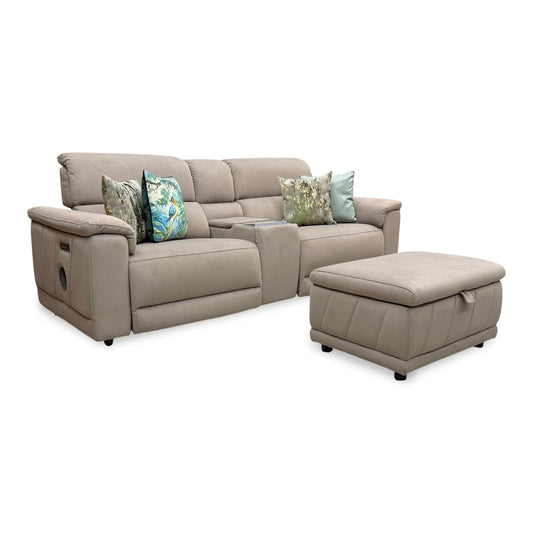 'Genius' Bella Latte Taupe Fabric 3 Seater Power Recliner Media Sofa with Power Headrests, Power Lumbar and Heated Seats + Storage Footstool