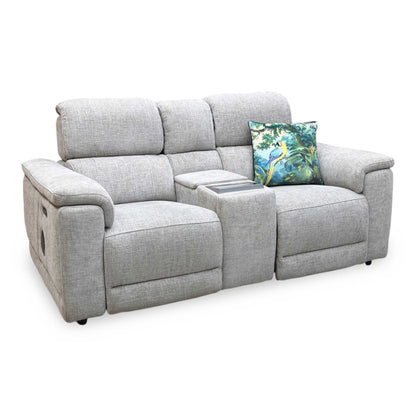 'Genius’ Anivia Khaki 14445 Fabric 2 Seater Power Recliner Media Sofa with Power Headrests, Power Lumbar and Heated Seats