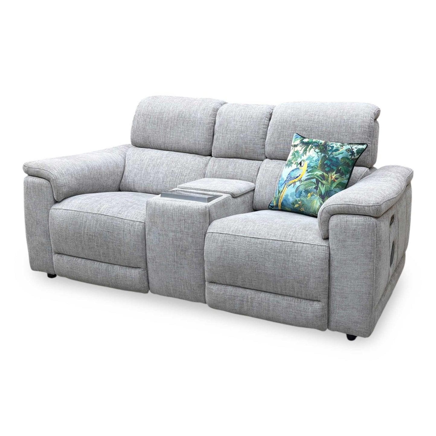 'Genius’ Anivia Khaki 14445 Fabric 2 Seater Power Recliner Media Sofa with Power Headrests, Power Lumbar and Heated Seats