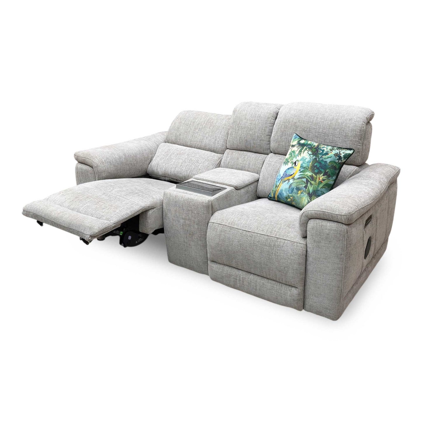 'Genius’ Anivia Khaki 14445 Fabric 2 Seater Power Recliner Media Sofa with Power Headrests, Power Lumbar and Heated Seats