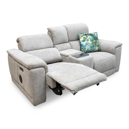 'Genius’ Anivia Khaki 14445 Fabric 2 Seater Power Recliner Media Sofa with Power Headrests, Power Lumbar and Heated Seats