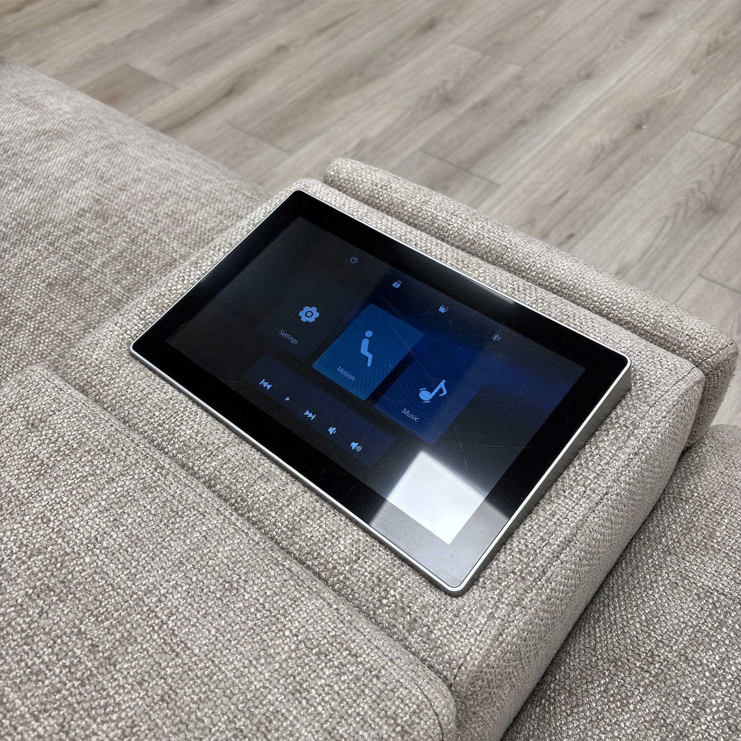 'Genius’ Anivia Khaki 14445 Fabric 2 Seater Power Recliner Media Sofa with Power Headrests, Power Lumbar and Heated Seats