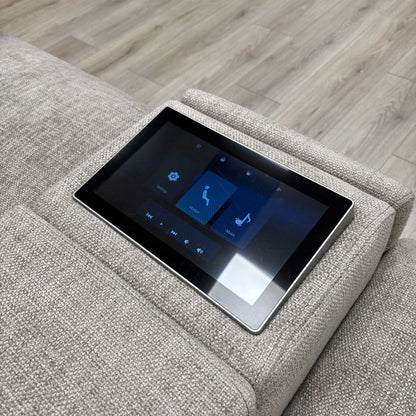 'Genius’ Anivia Khaki 14445 Fabric 2 Seater Power Recliner Media Sofa with Power Headrests, Power Lumbar and Heated Seats