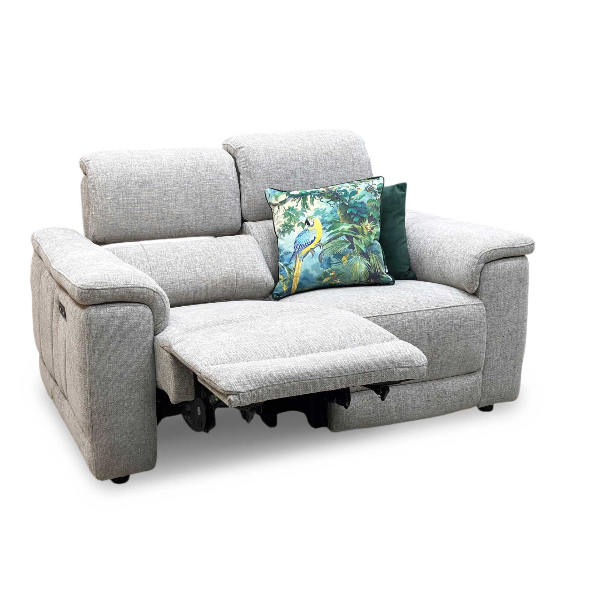 Full View Furniture Village ‘Genius’ premium 2-seater power recliner sofa, beautifully upholstered in high-performance Anivia khaki fabric.