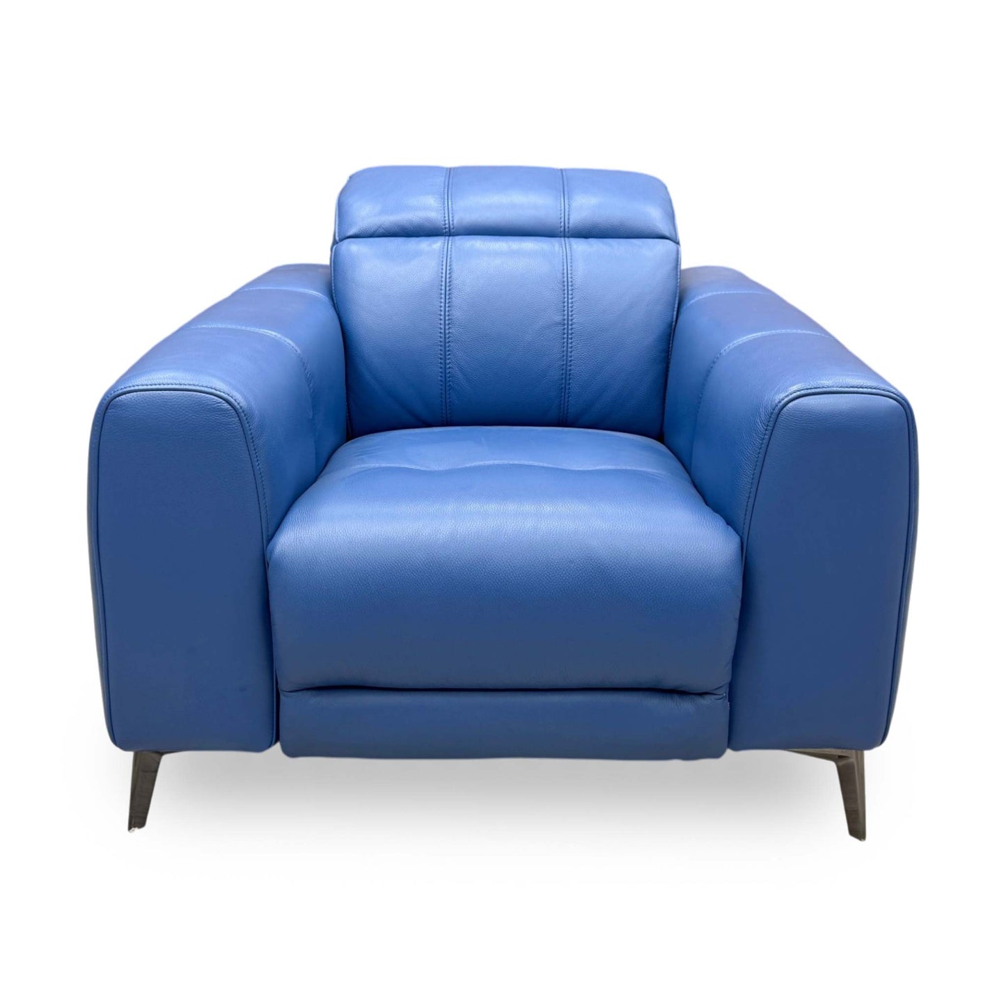 Front-facing view of the Aegean blue leather armchair, highlighting its modern high-back lumbar support, sleek structured frame, and plush padded arm cushions.