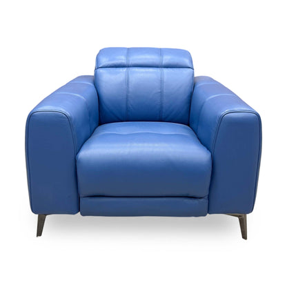 Front-facing view of the Aegean blue leather armchair, highlighting its modern high-back lumbar support, sleek structured frame, and plush padded arm cushions.