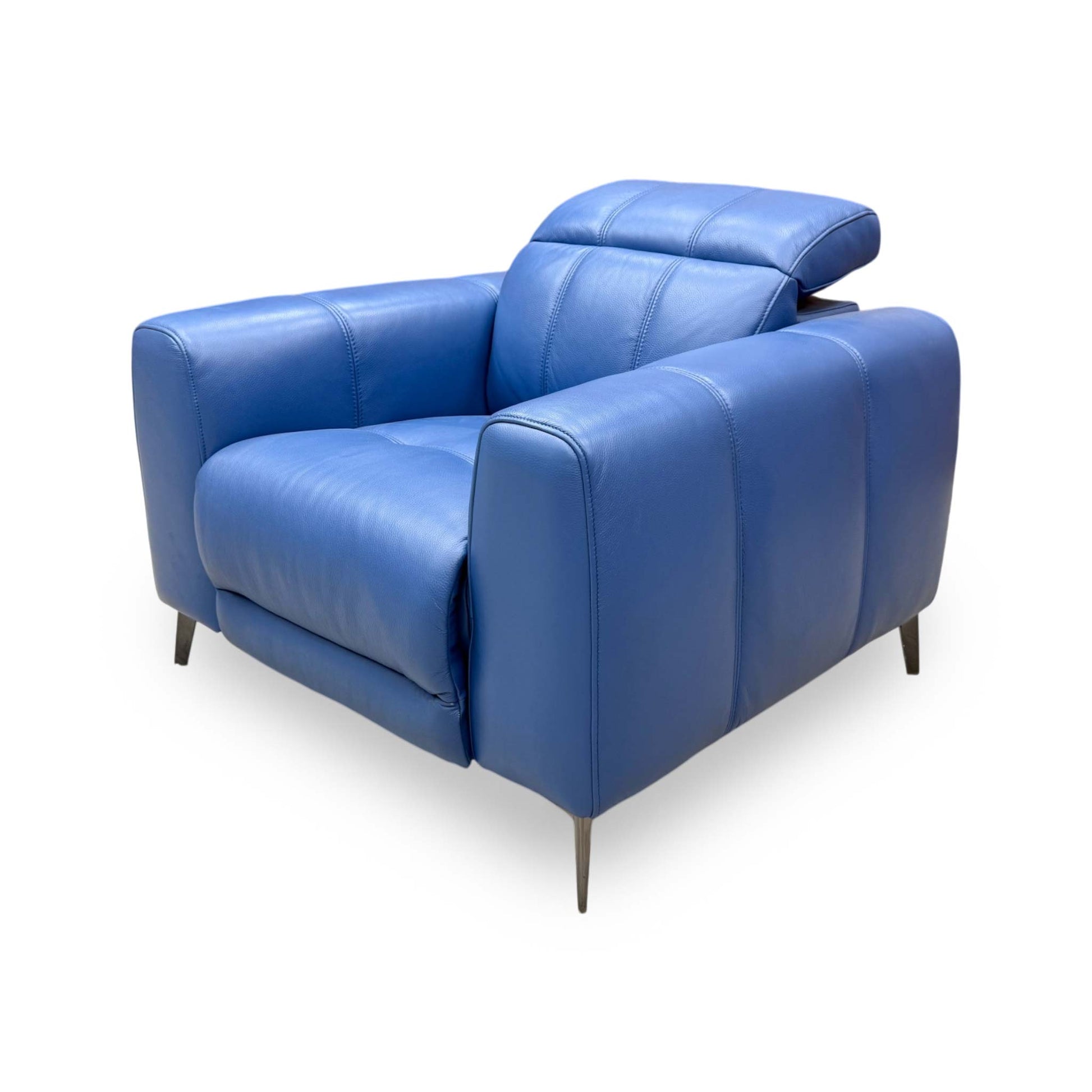 Side profile view demonstrating the armchair's contemporary linear proportions, clean side tailoring, and wall-away clearance reclining architecture.