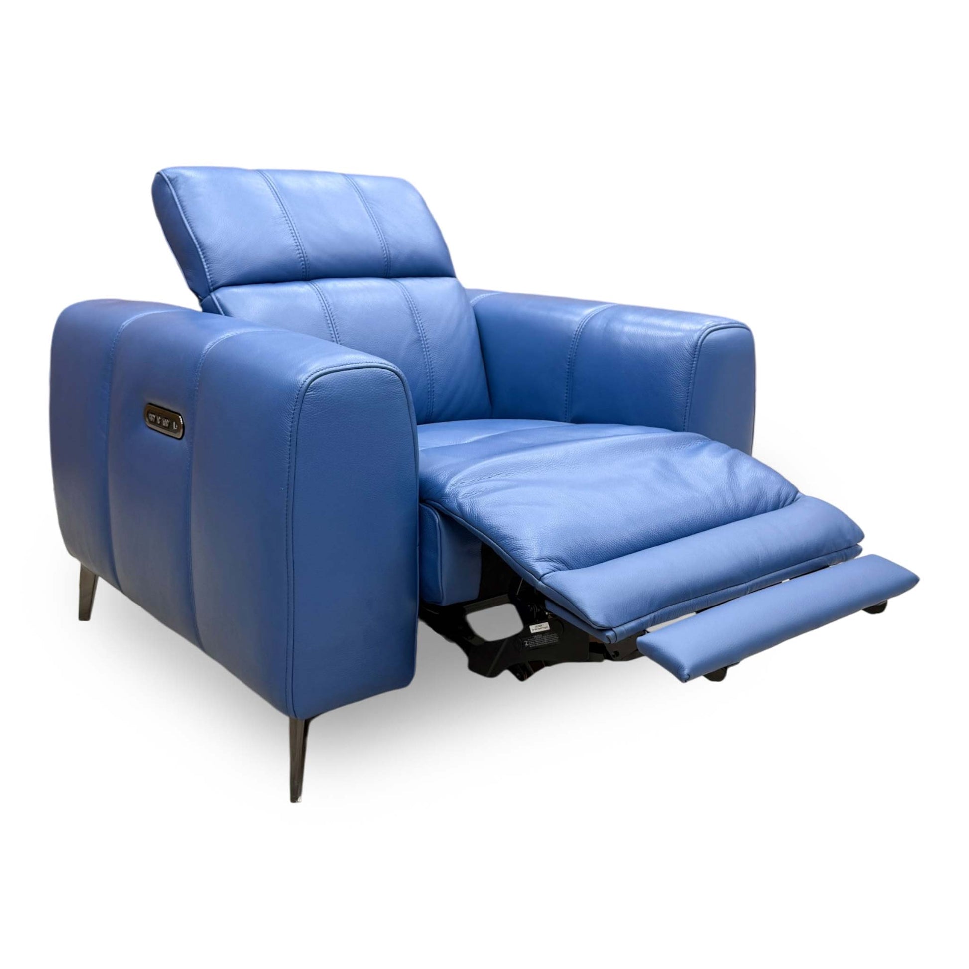 Full View Furniture Village ‘Ezra’ premium power recliner armchair, expertly tailored in luxurious Category 40 Aegean blue leather upholstery.