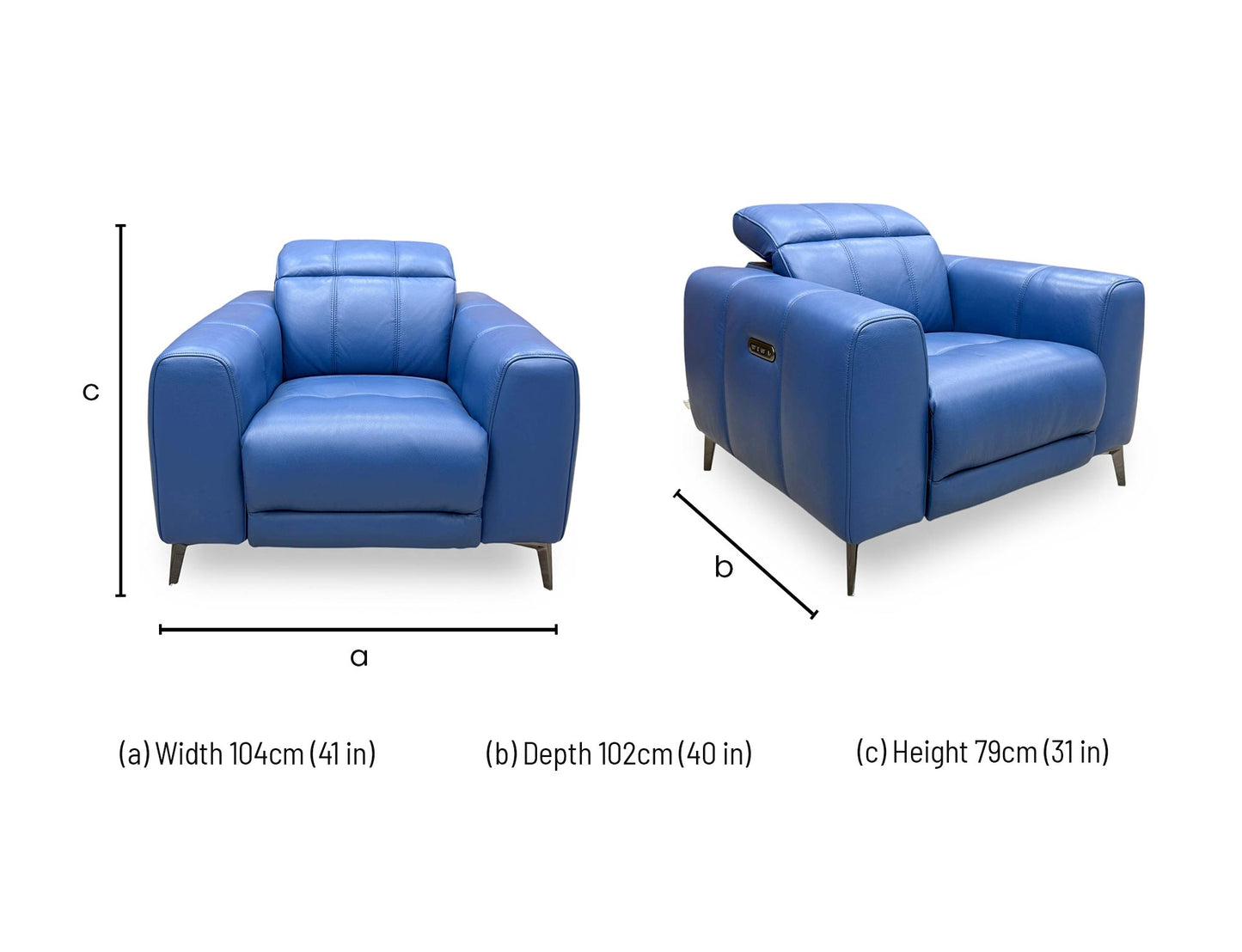 dimensions blueprint and configuration schematic for the Furniture Village ‘Ezra’ Cat 40/12 Aegean Blue Leather Power Recliner Chair with Power Headrest.