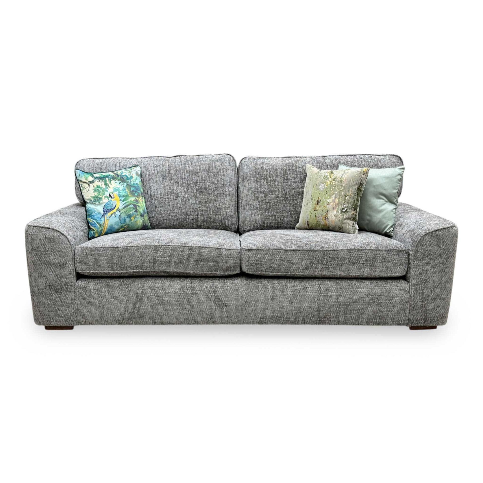Front-facing profile of the mink fabric 4-seater sofa, highlighting its spacious deep-seated cushions, high backrest support, and elegant flared armrests.