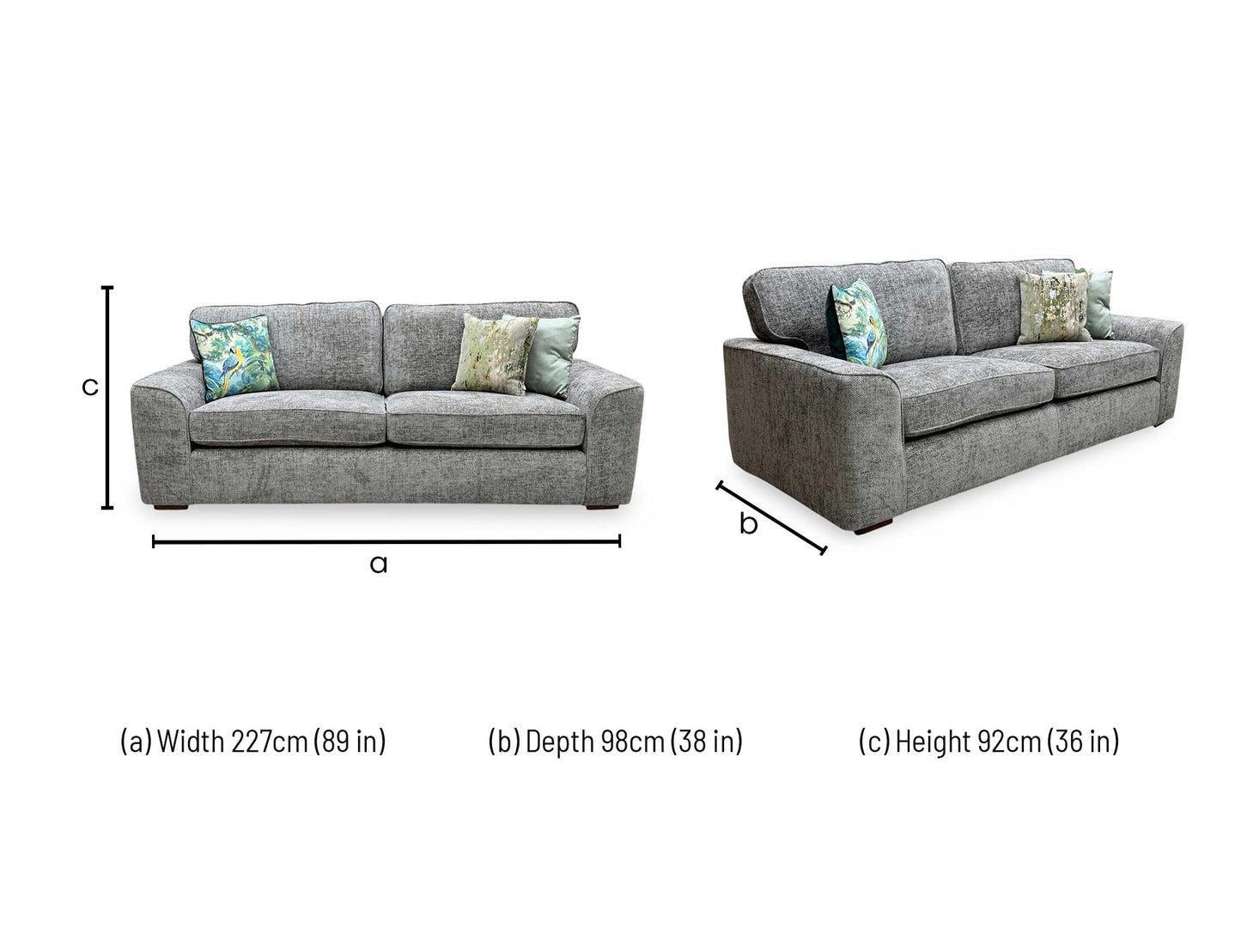 dimensions blueprint and living room footprint schematic for the Furniture Village ‘Emilia’ Mink Fabric 4-Seater Sofa.