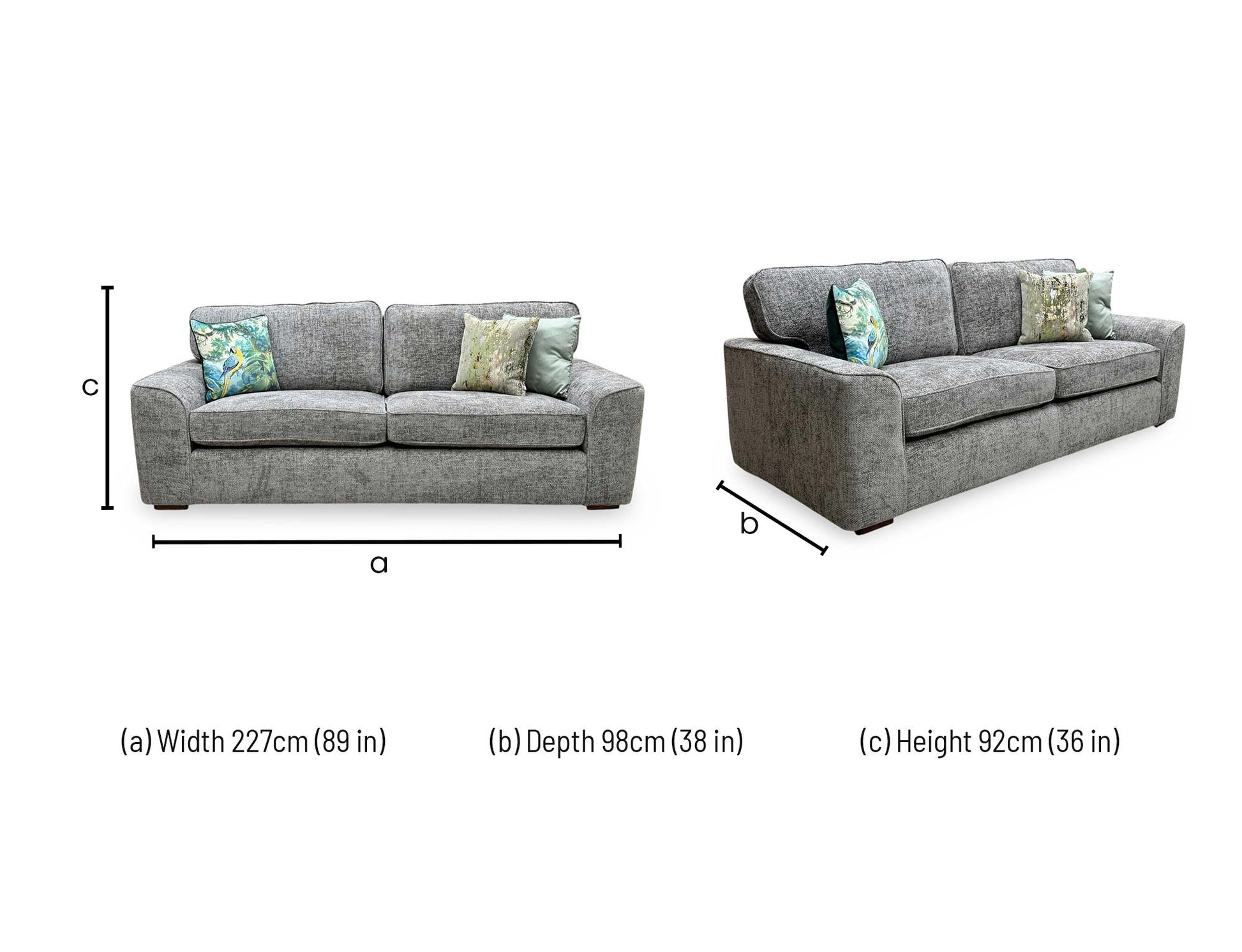 dimensions blueprint and living room footprint schematic for the Furniture Village ‘Emilia’ Mink Fabric 4-Seater Sofa.