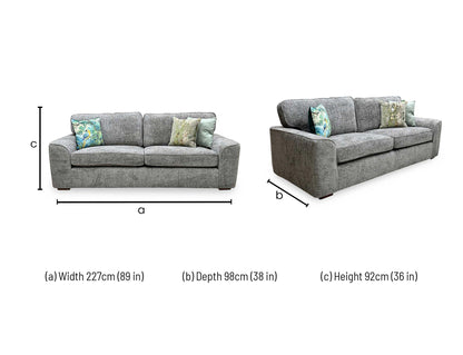 dimensions blueprint and living room footprint schematic for the Furniture Village ‘Emilia’ Mink Fabric 4-Seater Sofa.