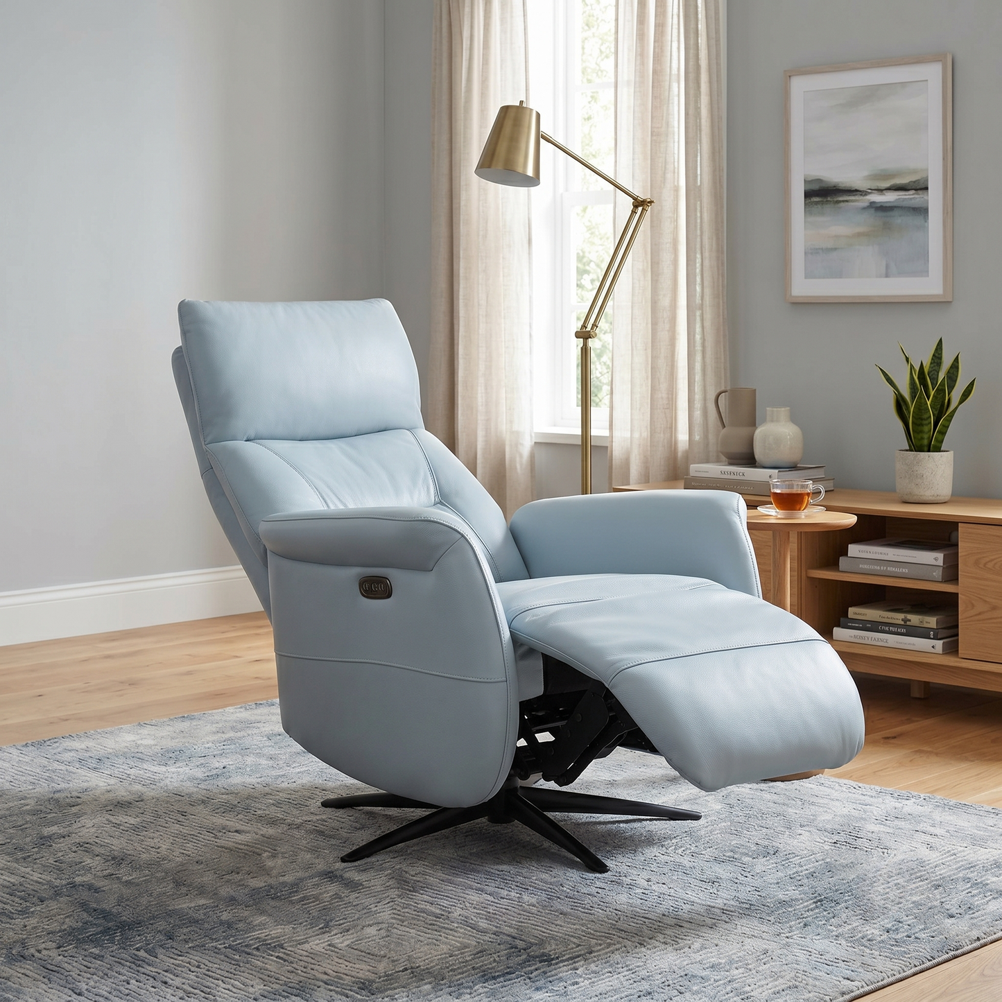 Designer Chair Collection ‘Dussledorf’ Nc-026e Pearl Blue Leather Power Recliner Swivel Chair