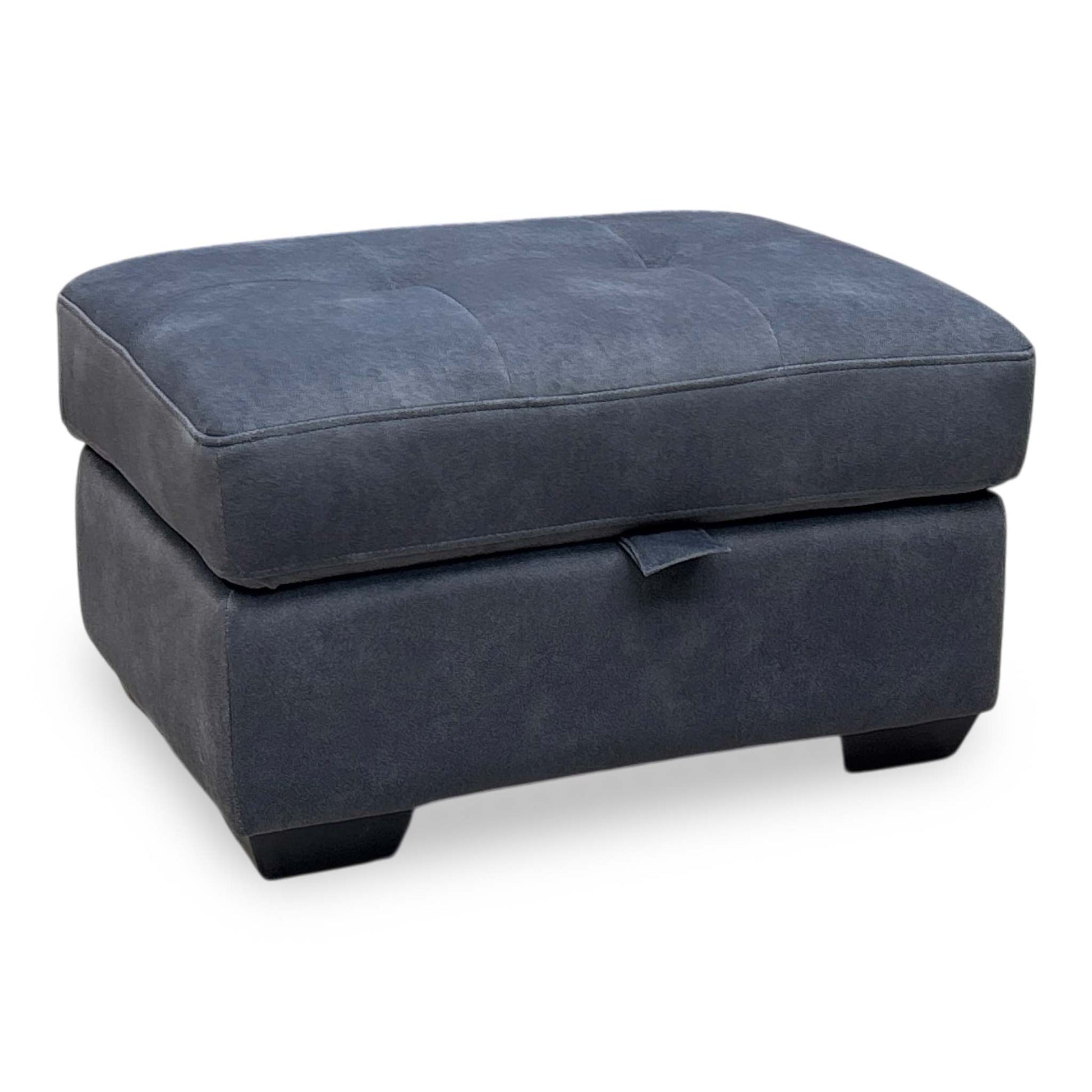 Full View Furniture Village ‘Dinky Dexter’ contemporary large storage footstool ottoman, impeccably tailored in shadow charcoal grey textured fabric.