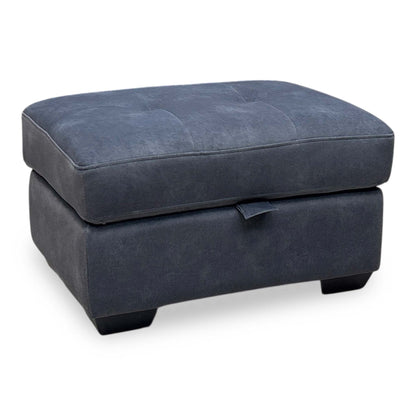 Full View Furniture Village ‘Dinky Dexter’ contemporary large storage footstool ottoman, impeccably tailored in shadow charcoal grey textured fabric.