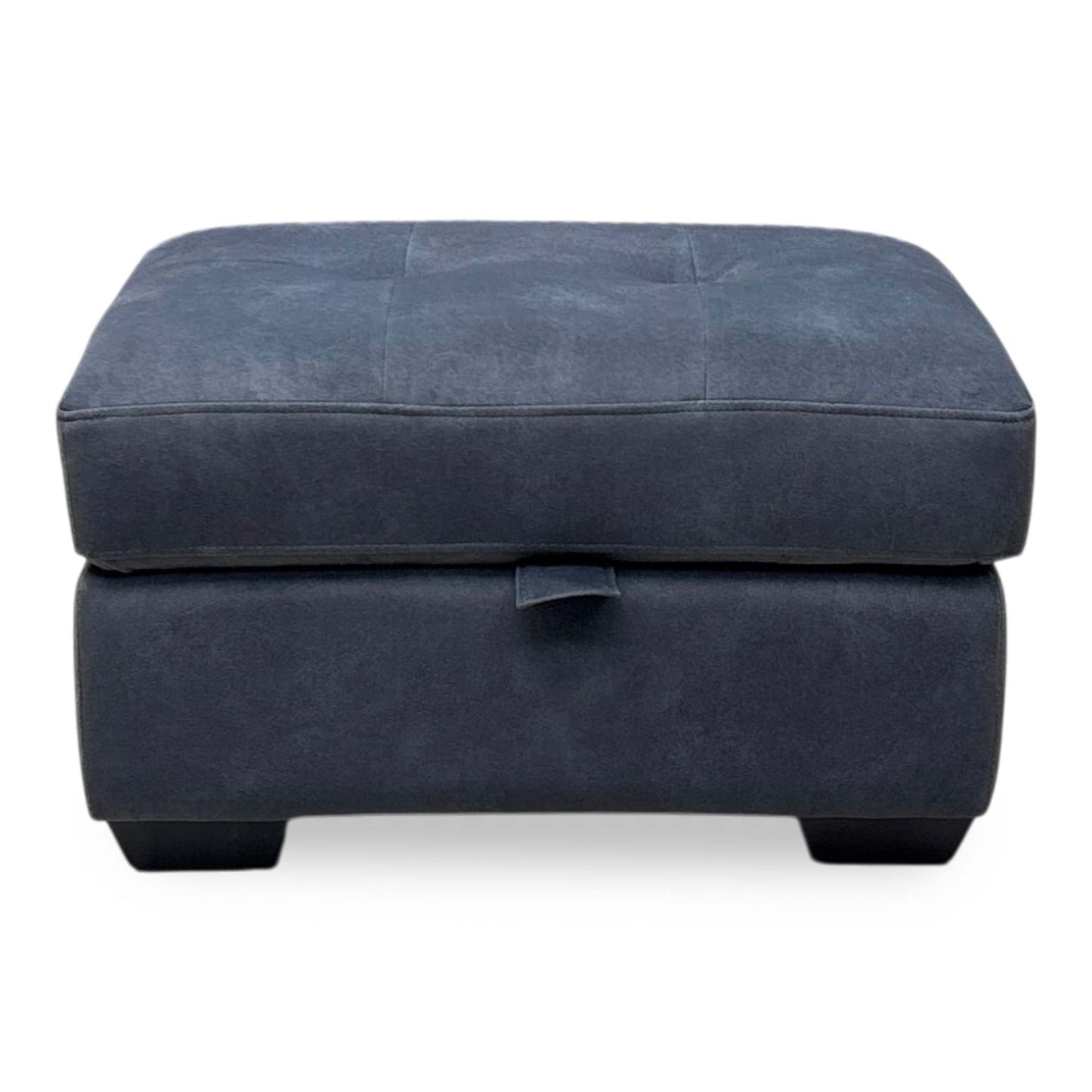 Top-down flat perspective of the Dinky Dexter footstool, highlighting the clean fabric tension, neat tailored perimeter borders, and plush padded surface area.