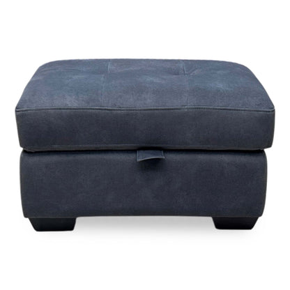 Top-down flat perspective of the Dinky Dexter footstool, highlighting the clean fabric tension, neat tailored perimeter borders, and plush padded surface area.