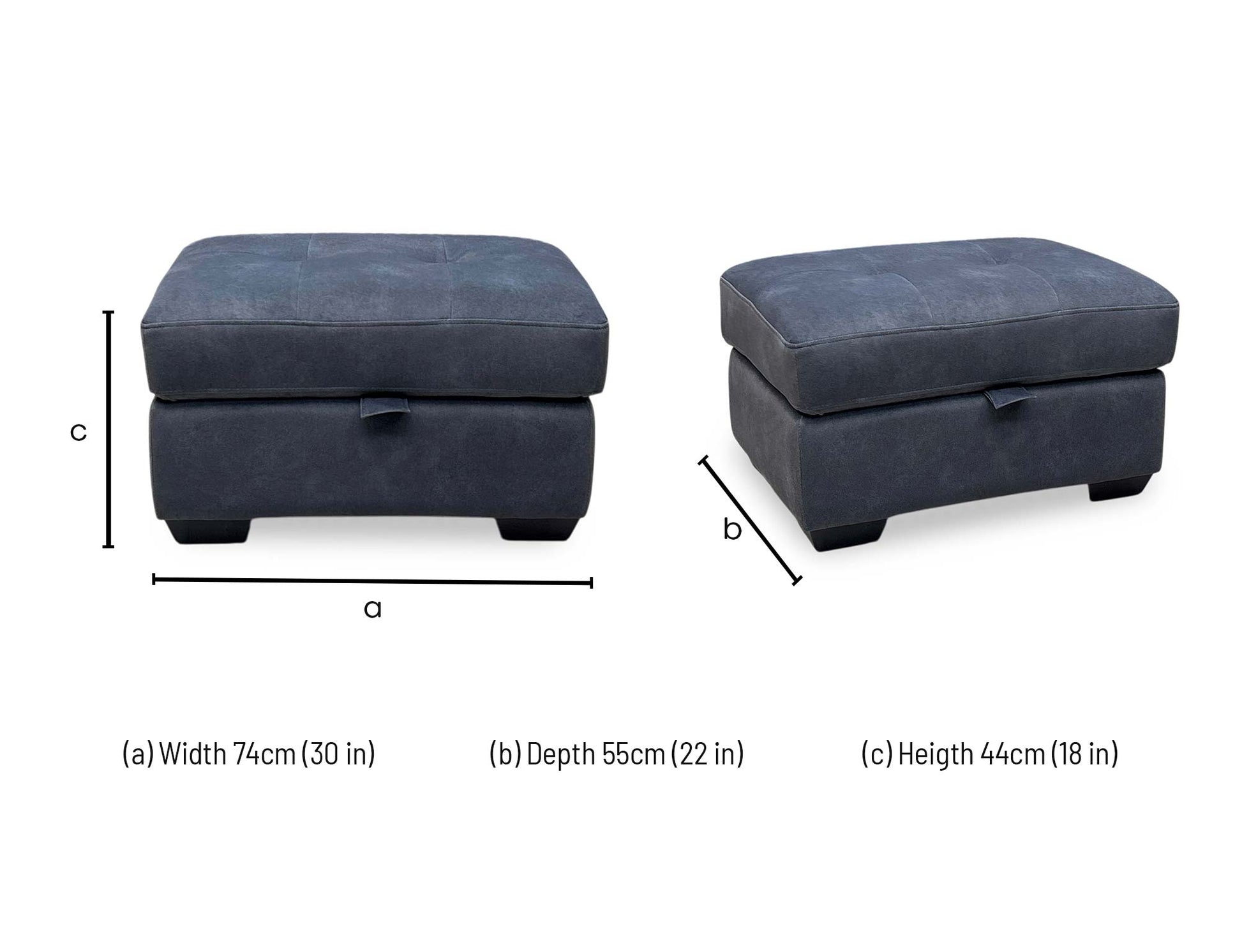 dimension diagram and layout specifications for the Furniture Village ‘Dinky Dexter’ Shadow Charcoal Grey Fabric Large Storage Footstool.