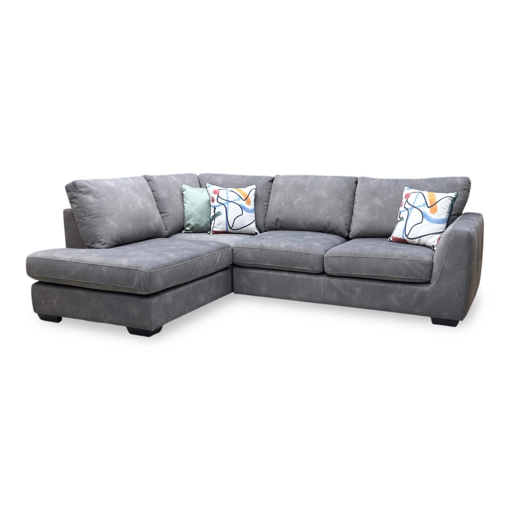 Front-facing profile of the mocha grey corner sofa, showcasing its compact L-shaped design, clean linear back cushions, and deep chaise lounge section.